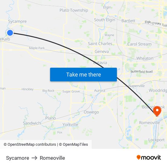 Sycamore to Romeoville map