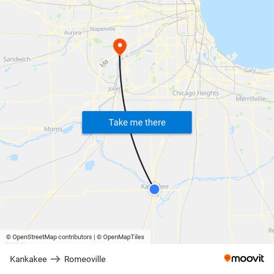 Kankakee to Romeoville map