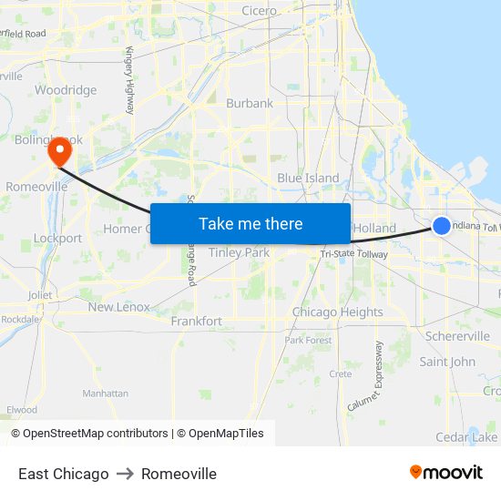 East Chicago to Romeoville map