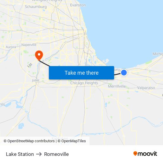 Lake Station to Romeoville map