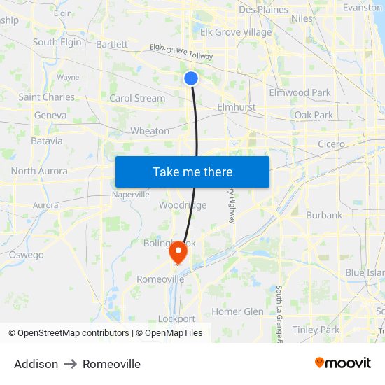 Addison to Romeoville map