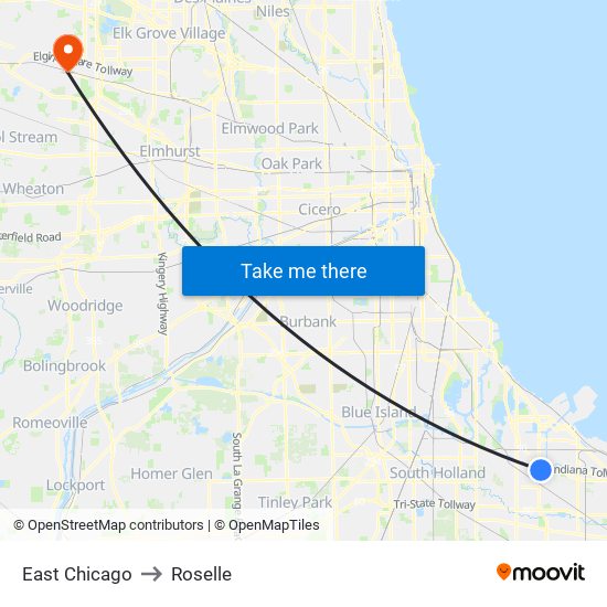 East Chicago to Roselle map