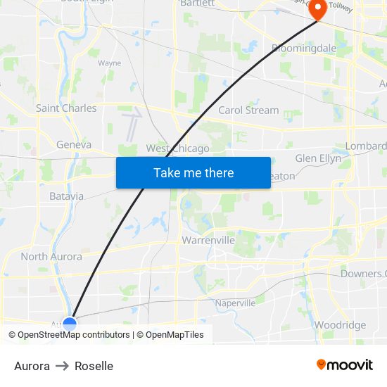 Aurora to Roselle map