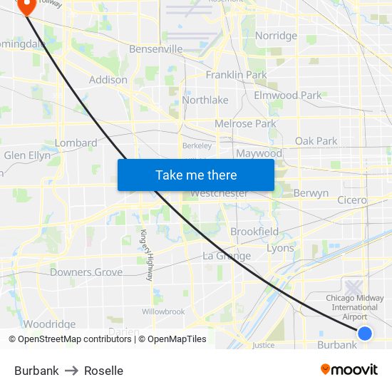 Burbank to Roselle map