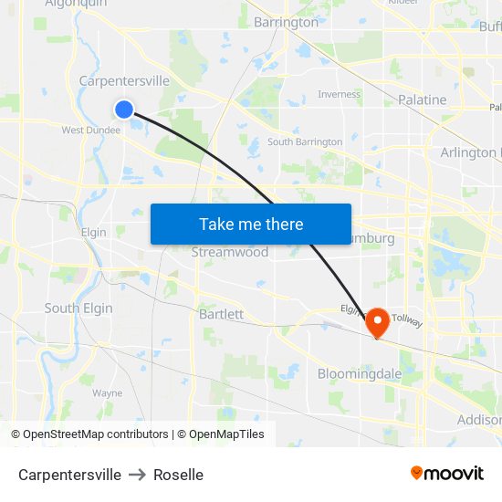 Carpentersville to Roselle map