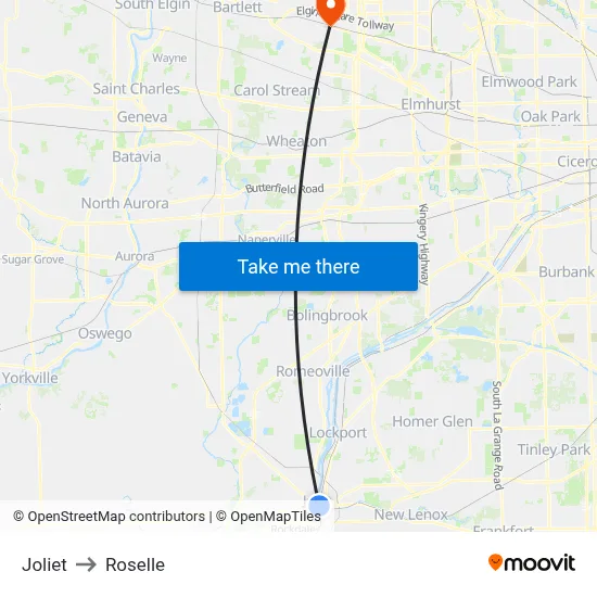 Joliet to Roselle map