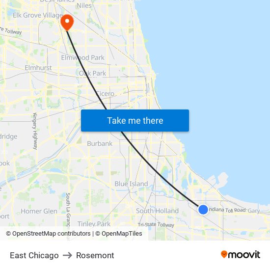 East Chicago to Rosemont map
