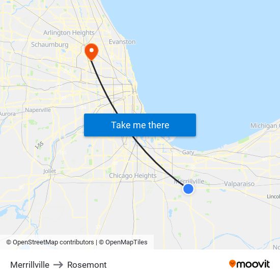 Merrillville to Rosemont map