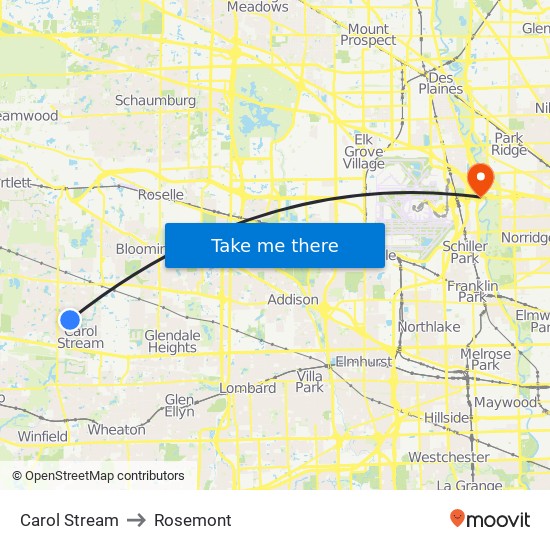 Carol Stream to Rosemont map