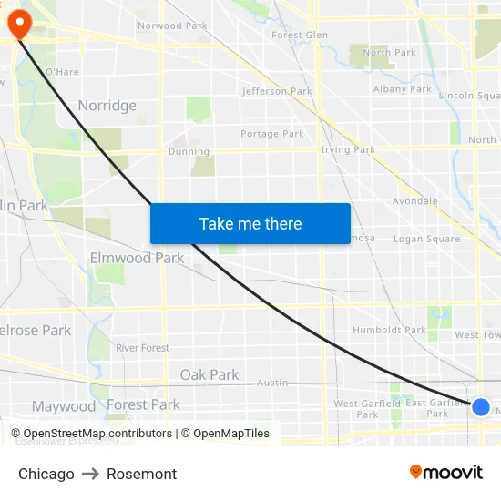 Chicago to Rosemont map