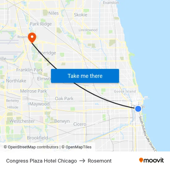 Congress Plaza Hotel Chicago to Rosemont map