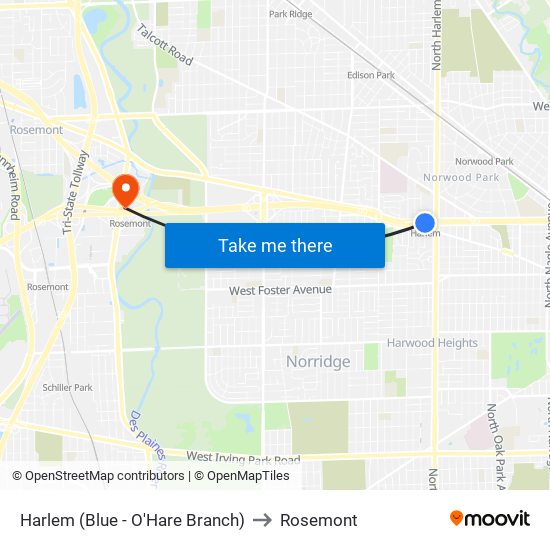 Harlem (Blue - O'Hare Branch) to Rosemont map