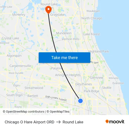 Chicago O Hare Airport ORD to Round Lake map