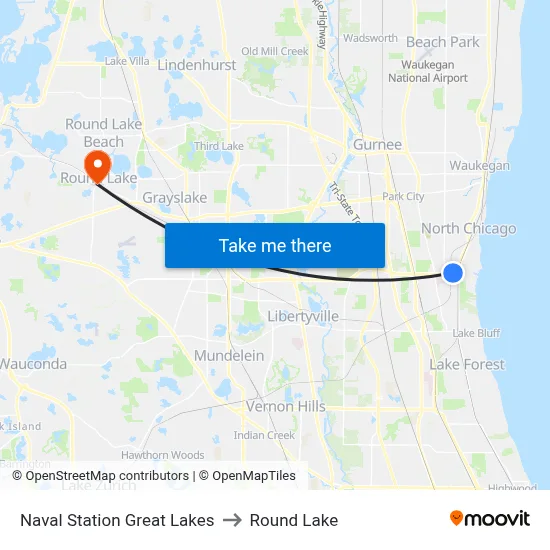 Naval Station Great Lakes to Round Lake map