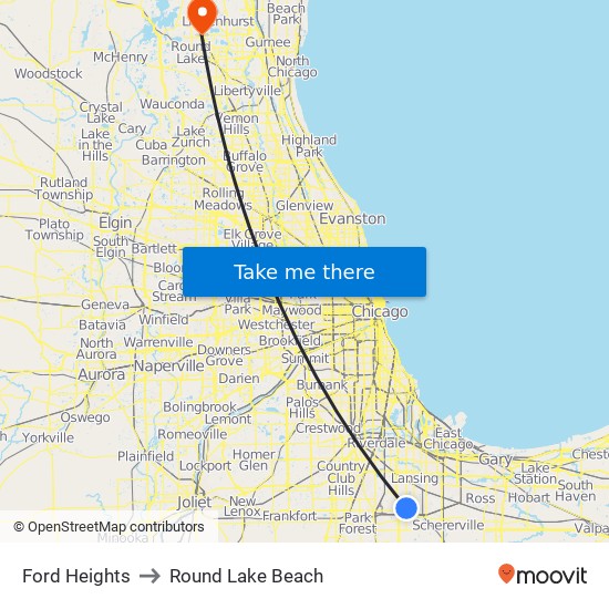 Ford Heights to Round Lake Beach map