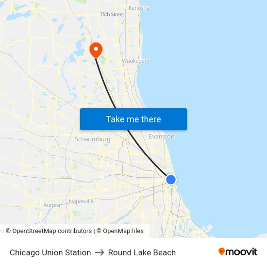 Chicago Union Station to Round Lake Beach map