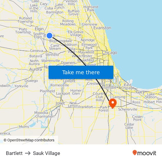 Bartlett to Sauk Village map