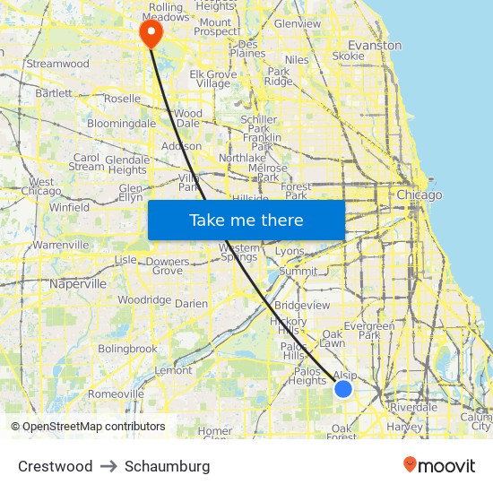 Crestwood to Schaumburg map