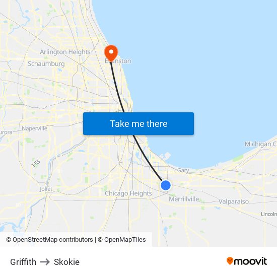 Griffith to Skokie map