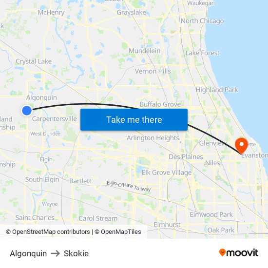 Algonquin to Skokie map