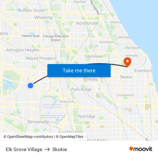 Elk Grove Village to Skokie map