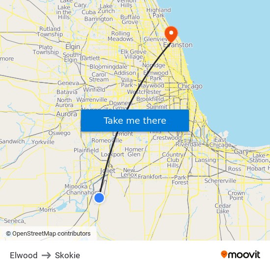 Elwood to Skokie map