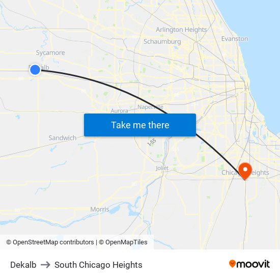 Dekalb to South Chicago Heights map