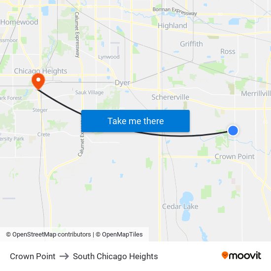Crown Point to South Chicago Heights map