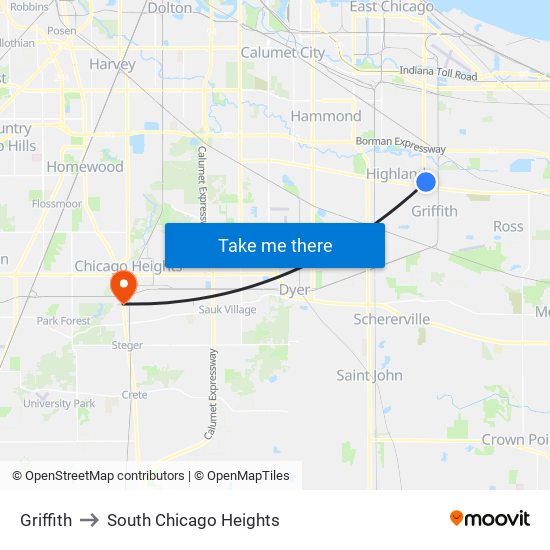 Griffith to South Chicago Heights map