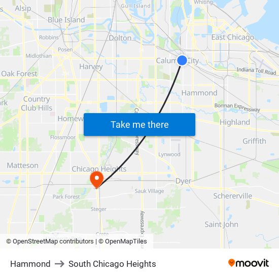 Hammond to South Chicago Heights map