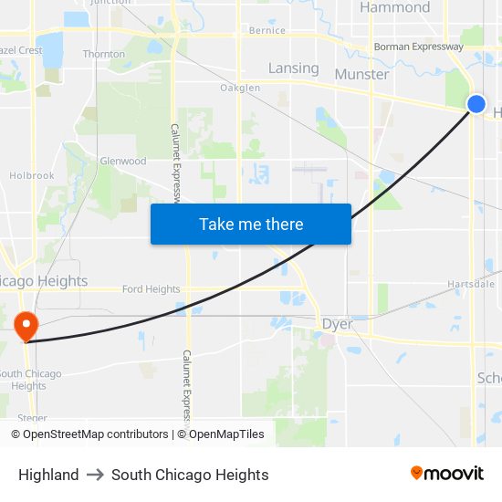 Highland to South Chicago Heights map
