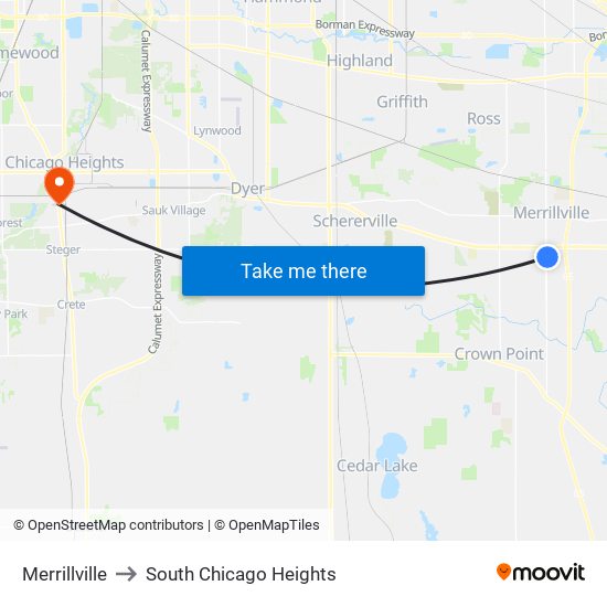Merrillville to South Chicago Heights map