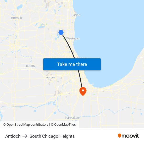 Antioch to South Chicago Heights map