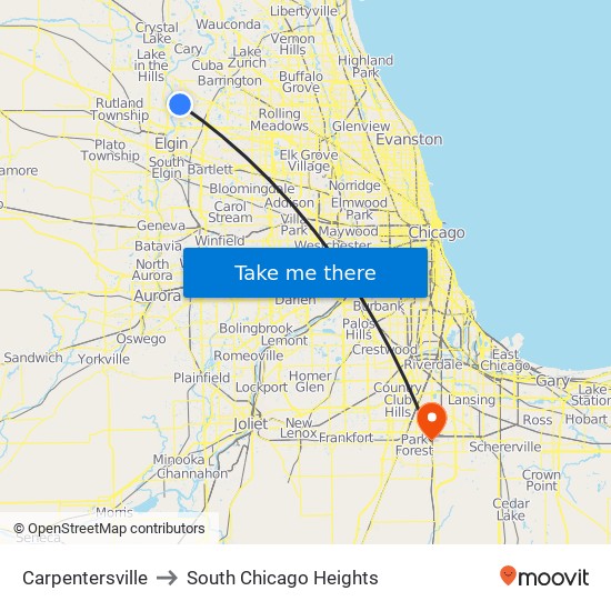 Carpentersville to South Chicago Heights map