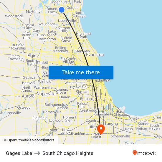 Gages Lake to South Chicago Heights map
