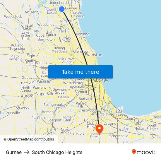 Gurnee to South Chicago Heights map