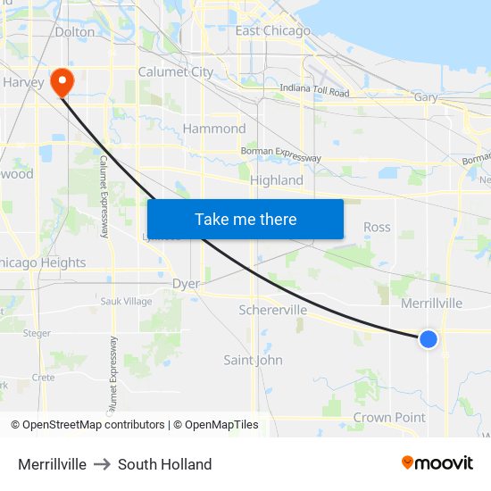Merrillville to South Holland map