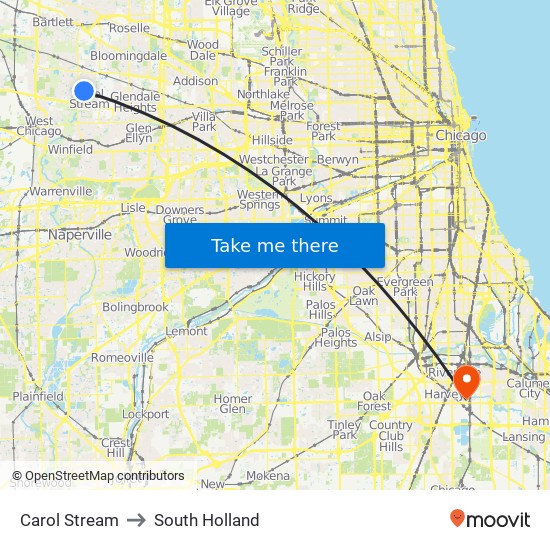 Carol Stream to South Holland map