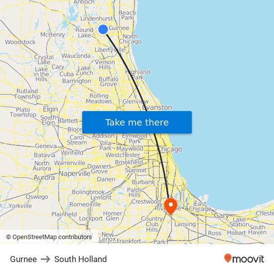 Gurnee to South Holland map