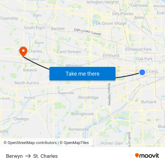 Berwyn to St. Charles map