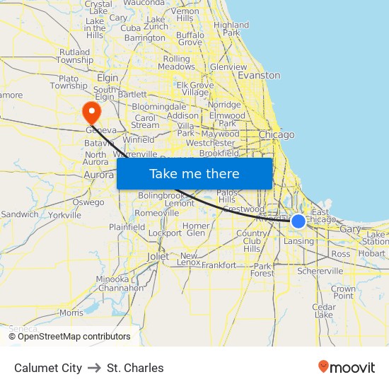 Calumet City to St. Charles map