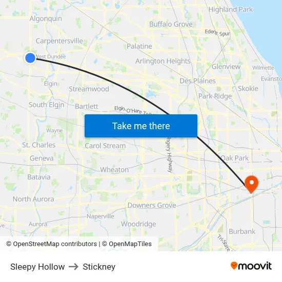 Sleepy Hollow to Stickney map