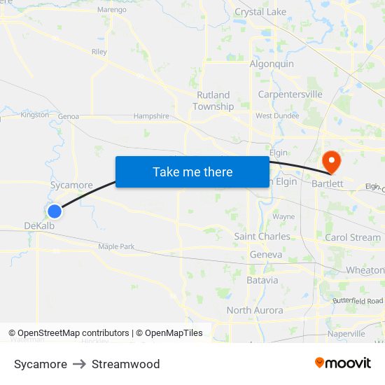 Sycamore to Streamwood map