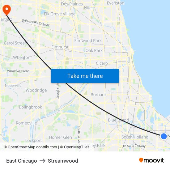 East Chicago to Streamwood map