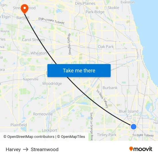 Harvey to Streamwood map