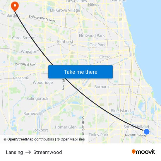 Lansing to Streamwood map