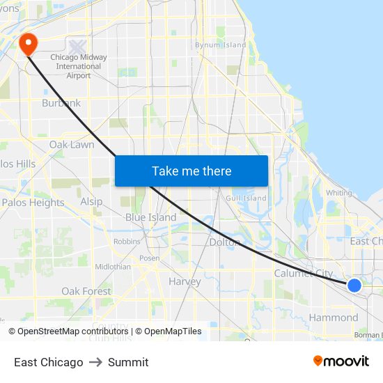 East Chicago to Summit map