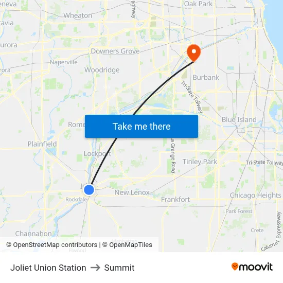 Joliet Union Station to Summit map