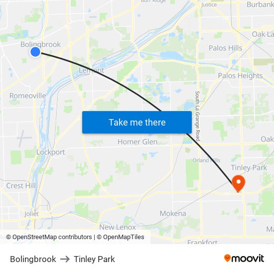 Bolingbrook to Tinley Park map