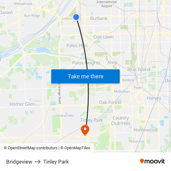 Bridgeview to Tinley Park map